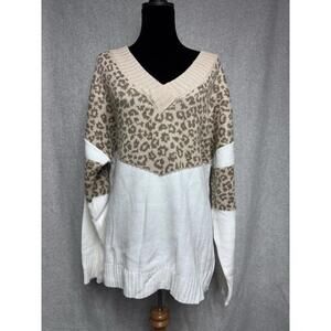 Cupshe Women's Knit V-Neck Leopard Print Oversized Sweater Large Cozy Lagenlook